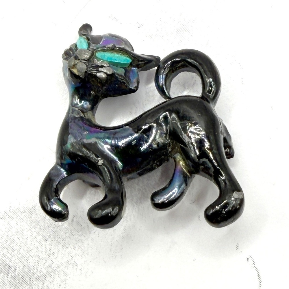 Vintage Black Cat Brooch Iridescent Enamel AB Rhinestone Figural Pin